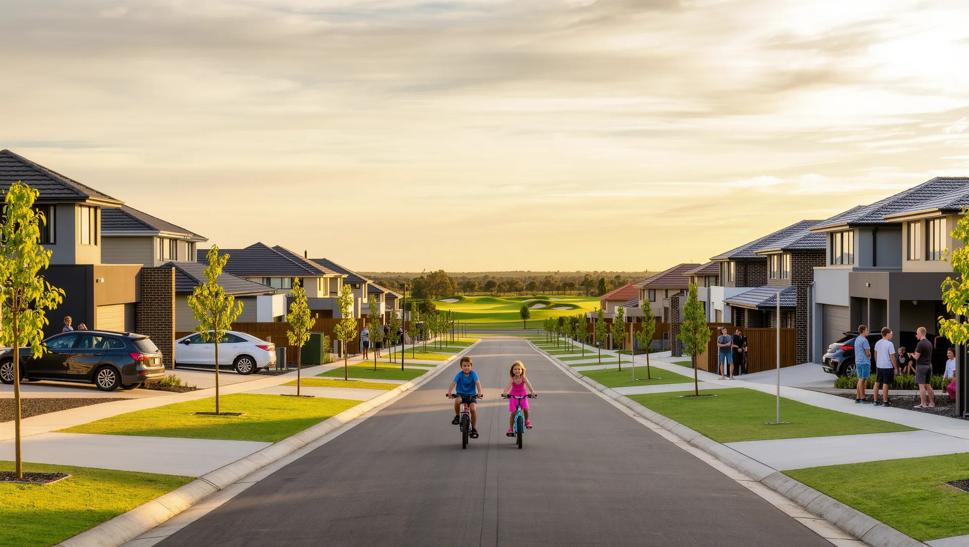 A tree-lined new street in Beveridge North West at golden hour.